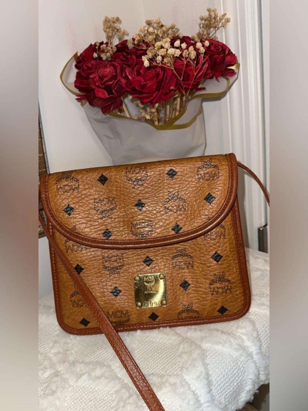 MCM Cognac/Tan Visetos Crossbody with Gold Plaque